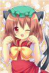  1girl animal_ears brown_hair cat_ears cat_tail chen fang hat red_eyes ribbon shinekalta short_hair solo tail touhou twintails wink 