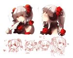  1girl bare_shoulders chibi expressions face flower hair_flower hair_ornament hair_ribbon horns long_hair looking_at_viewer payot pixiv_fantasia pixiv_fantasia_5 quill red_eyes red_rose rella ribbon rose silver_hair solo stare tears twintails 