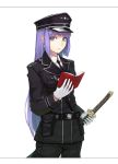  bad_id book gloves hat libert original purple_eyes purple_hair solo sword uniform violet_eyes weapon 