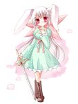  animal_ears blush bunny_ears copyright_request hand_on_own_chest long_hair looking_at_viewer meiya_neon red_eyes smile solo sword very_long_hair weapon 