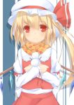  :3 blonde_hair bow flandre_scarlet hat hat_bow highres red_eyes sakurea scarf short_hair side_ponytail snowman solo the_embodiment_of_scarlet_devil touhou wings 