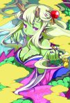  breasts cleavage dragon dragon_girl dragon_horns dragon_tail earrings green_hair green_skin hair_ornament highres horns japanese_clothes jewelry kimono kiseru large_breasts long_hair monster_girl nonco original pipe pointy_ears purple_eyes red_eyes smile smoke tail violet_eyes 