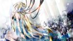 bandage bandages bare_shoulders blindfold blonde_hair blue_dress dress headphones jewelry lily_(vocaloid) long_hair nail_polish necklace sitting snowflakes solo sunbeam sunlight tyouya very_long_hair vocaloid 