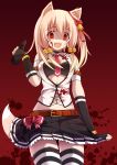  1girl :d animal_ears bell belt black_bra blonde_hair blood blood_on_face blood_splatter bloody_clothes bow bra chiri_(atlanta) empty_eyes fang fingerless_gloves fox_ears fox_tail gloves highres lingerie long_hair looking_at_viewer microphone midriff navel necktie open_clothes open_mouth original pleated_skirt red_background red_eyes skirt smile solo striped striped_legwear tail ten&#039;inkou_korin thighhighs underwear yandere 