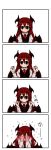  4koma bat_wings black_dress blush breast_squeeze breasts clenched_hands comic covering covering_face dress dress_shirt embarrassed fist flying_sweatdrops flying_teardrops head_wings kagura_una koakuma long_hair necktie raised_fist raised_fists red_eyes red_hair redhead shirt silent_comic smile solo the_embodiment_of_scarlet_devil touhou vest white_shirt wings 