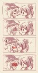  2girls 4koma blush bow comic eating hair_bow hakurei_reimu hat heart kirisame_marisa kiss meiya_neon monochrome multiple_girls pocky pocky_kiss shared_food silent_comic touhou witch witch_hat yuri 