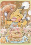  buneary butter chibi closed_eyes cup eating eyes_closed fork holding_fork knife no_humans oda_takashi open_mouth pichu pikachu pokemon pokemon_(creature) raichu syrup teacup teapot too_many 