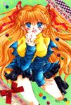  blue_eyes food hokuna_rin jacket kanon long_hair nikuman orange_hair sawatari_makoto twintails 