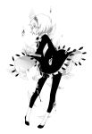  book boxcutter expressionless flying_paper hairband highres leggings monochrome nisoku_hokou_(vocaloid) no_socks open_book paper poncho profile rella shoes short_hair simple_background solo standing vocaloid 