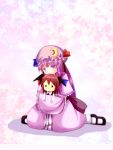  blush character_doll crescent doll dress footwear frills hair_ribbon hat hat_ribbon hug huleito kneeling koakuma long_hair looking_at_viewer mary_janes patchouli_knowledge ribbon serious shoes socks solo the_embodiment_of_scarlet_devil touhou 
