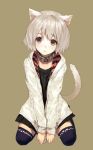  animal_ears cat_ears cat_tail collar green_eyes grey_hair hoodie kneeling original shirabi_(life-is-free) shirt_tug short_hair solo tail thigh-highs thighhighs 