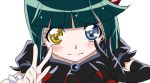  blue_eyes blush blush_stickers bob_cut chiyo_(rotsurechiriha) cure_peace_pose dark_precure double_v dress earrings elbow_gloves female gloves green_hair hair_ornament heartcatch_precure! heterochromia jewelry kise_yayoi magical_girl parody precure short_hair smile_precure! solo tears v white_background wrist_cuffs yellow_eyes 