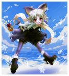  ahoge animal_ears black_legwear breath flying gloves heart ishikkoro leaning_forward looking_at_viewer mosue mouse mouse_ears mouse_tail nazrin open_mouth pantyhose red_eyes scarf short_hair silver_hair sky smile snowflakes solo tail touhou valentine 