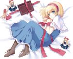  alice_margatroid bad_id blonde_hair blue_eyes book boots capelet cierra_(ra-bit) doll dress frills grimoire hairband hourai_doll looking_at_viewer lying on_side open_mouth shanghai_doll solo touhou wrist_cuffs 
