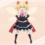  1girl alternate_costume blonde_hair blue_eyes bow cato_(monocatienus) elbow_gloves fairy_wings fang gloves gothic_lolita hands_on_hips lolita_fashion open_mouth sash smile solo sunny_milk touhou twintails wings 