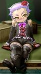  alternate_costume boots boro brown_eyes detached_sleeves flat_chest flower hair_flower hair_ornament hermana_larmo purple_hair red_rose rose short_hair short_shorts shorts sitting smile solo tales_of_(series) tales_of_innocence thigh-highs thigh_boots thighhighs 