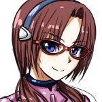  blue_eyes brown_hair bust evangelion:_2.0_you_can_(not)_advance face glasses hairband long_hair makinami_mari_illustrious neon_genesis_evangelion plugsuit portrait rebuild_of_evangelion red-framed_glasses silent_sakia simple_background smile solo twintails 