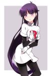  akira_(natsumemo) alternate_costume alternate_eye_color black_legwear blush border clothes_writing embarrassed gloves hand_on_own_chest long_hair looking_at_viewer natsume_(pokemon) pantyhose pokemon pokemon_(game) pokemon_special purple_eyes purple_hair simple_background solo sweatdrop team_rocket very_long_hair violet_eyes white_gloves 