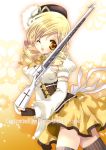  2012 blonde_hair breasts drill_hair gloves gun hat highres koge_donbo magical_girl magical_musket mahou_shoujo_madoka_magica musket rifle short_hair smile thigh-highs thighhighs tomoe_mami twin_drills weapon wink yellow_eyes 