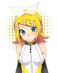 bangs bare_shoulders blonde_hair blue_eyes blush bow bust clothes_writing collar detached_sleeves hair_bow hair_ornament hairband hairclip halftone halftone_background headphones kagamine_rin kagamine_rin_(append) looking_at_viewer musical_note potato_(potato1827) see-through short_hair smile solo swept_bangs treble_clef vocaloid vocaloid_append 