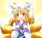  bad_id blonde_hair bust fox_tail hat kmkm9696 multiple_tails open_mouth short_hair solo tabard tail touhou yakumo_ran yellow_eyes 