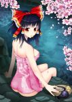  ass black_hair bottle bow breasts brown_eyes cherry_blossoms cookie cup floral_print food food_in_mouth hair_bow hair_tubes hakurei_reimu kofboy naked_towel onsen petals reflection sake sake_bottle sitting solo spilling touhou towel tray turning 