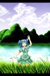 :d ^_^ arm_up bad_id blue_hair cattail closed_eyes cloud eyes_closed grass hair_bobbles hair_ornament highres kawashiro_nitori lake letterboxed mountain no_hat no_headwear open_mouth plant short_hair short_twintails skirt skirt_set smile solo sudo_shinren touhou twintails two_side_up 