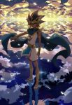  armband atem cape cloud dark_skin different_reflection earrings highres jewelry liusang male millennium_puzzle multicolored_hair pendant red_eyes reflection solo yu-gi-oh! yuu-gi-ou yuu-gi-ou_duel_monsters 