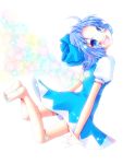  barefoot blue_eyes blue_hair blush bow cirno feet hair_bow looking_at_viewer meiya_neon open_mouth short_hair smile solo touhou 