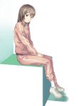  brown_eyes brown_hair eichisu highres kyouno_madoka rinne_no_lagrange shoes short_hair simple_background sitting sleeves_pushed_up solo track_suit 