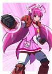  akanex829 clenched_hands cure_happy fighting_stance fusion gundam gundam_age gundam_age-1 gundam_age-1_titus hoshizora_miyuki magical_girl mecha_musume mechanical_arms mechanical_legs parody pink pink_background pink_eyes pink_hair precure skirt smile_precure! solo tiara twintails 