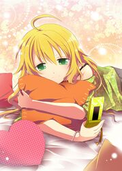  blonde_hair cellphone green_hair haruna_hisui heart hoshii_miki idolmaster phone pillow 