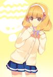  bad_id blonde_hair brown_eyes cardigan character_name hairband hitohira_(shiroringo48) kise_yayoi precure school_uniform short_hair skirt smile_precure! solo yellow_background 