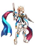  aqua_eyes armor blonde_hair chung dual_wielding elsword full_armor gauntlets gloves greaves gun male official_art ress scarf spiked_hair spiky_hair weapon white_background 