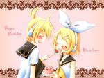  1girl blonde_hair brother_and_sister cake closed_eyes eyes_closed food fruit hair_ornament hairclip happy_birthday headphones highres kagamine_len kagamine_rin meiya_neon open_mouth siblings strawberry twins vocaloid 