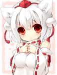  animal_ears blush breasts detached_sleeves erect_nipples hat highres impossible_clothes impossible_shirt inubashiri_momiji pom_pom_(clothes) pom_pom_(clothing) red_eyes sad_fuka solo tokin_hat touhou white_hair wolf_ears 