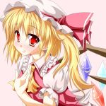  ascot bad_id blonde_hair bow bust flandre_scarlet hat hat_bow highres kmkm9696 red_eyes short_hair side_ponytail solo the_embodiment_of_scarlet_devil touhou wings 