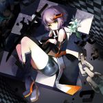  black_rock_shooter_(game) boots chain chains checkered coat flower from_above gray_(black_rock_shooter) grey_hair highres katana lily_(flower) looking_at_viewer looking_up lying on_side sheska_xue short_hair shorts sword weapon yellow_eyes 