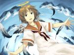  angel_wings bad_id brown_hair cloud dress falling feathers haibane_renmei halo messy_hair mudai_(tofusensha) open_mouth outstretched_arms outstretched_hand rakka sailor_collar school_uniform serafuku short_hair sky spread_fingers wings 