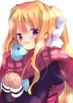  air blonde_hair blue_eyes dinosaur inui_atsu kamio_misuzu mittens ponytail ribbon scarf school_uniform stuffed_animal stuffed_toy 