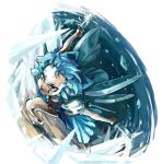  &gt;:) &gt;:d :d bad_id blue_hair cirno dual_wielding dutch_angle fighting_stance forehead from_above green_eyes ice ice_wings knife oekaki open_mouth short_hair smile solo tks_(chikuwa) touhou wings 