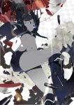  arm_cannon arms_up bikini_top black_hair black_rock_shooter black_rock_shooter_(character) blue_eyes boots bullet cannon coat falling from_below glowing glowing_eyes highres long_hair midriff navel ribs shell_casing shorts solo twintails weapon yuu_(yu1you2iu3) 