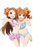  ;d absurdres artist_request bikini blonde_hair blue_eyes breasts brown_hair cleavage flower front-tie_top green_bikini hair_flower hair_intakes hair_ornament hairband happy highres idolmaster long_hair minase_iori multiple_girls navel open_mouth orange_hair outstretched_hand photoshop pink_bikini range_hair red_eyes sandals smile swimsuit takatsuki_yayoi thigh_gap transparent_background twintails wink 