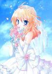  blonde_hair blue_eyes bridal_veil dress flower kirisame_marisa long_hair looking_at_viewer meiya_neon smile solo touhou veil wedding_dress 