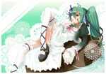  ankle_lace-up chocolate cross-laced_footwear doily dress finger_licking food food_on_face garter garter_straps garters green_eyes green_hair hair_ribbon hatsune_miku headphones kyougoku_touya licking long_hair maid panties reclining ribbon solo thighhighs twin_tails twintails underwear valentine vocaloid 