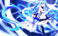  7th_dragon_2020 aqua_hair blue dress hatsune_miku headphones neck_ribbon ribbon skirt thigh_highs twintails vocaloid 