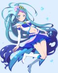  1girl blue_background blue_eyes blue_hair blush boots bubble clearite cure_mermaid earrings elbow_gloves fingerless_gloves gloves go!_princess_precure highres jewelry kaidou_minami long_hair looking_at_viewer magical_girl midriff multicolored_hair navel precure purple_hair smile solo streaked_hair two-tone_hair white_gloves 