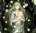  1boy enkidu_(fate/strange_fake) fate/strange_fake fate_(series) flower green_eyes green_hair highres lily_pad long_hair robe rrr_(627470487) solo 
