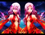 bangs bare_shoulders breasts center_opening cosplay detached_sleeves guilty_crown hair_ornament hairclip kurehas letterboxed lips long_hair low_twintails multiple_girls navel ouma_mana parted_bangs pink_hair red_eyes title_drop yuzuriha_inori yuzuriha_inori_(cosplay) 