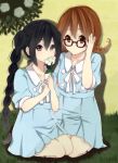  alternate_hairstyle bespectacled black_hair blue_dress braid brown_eyes brown_hair dress flower glasses hirasawa_yui k-on! k-on!_movie long_hair minaduki0038 minazuki_(0038) multiple_girls nakano_azusa rose short_hair singing! twin_braids twintails 